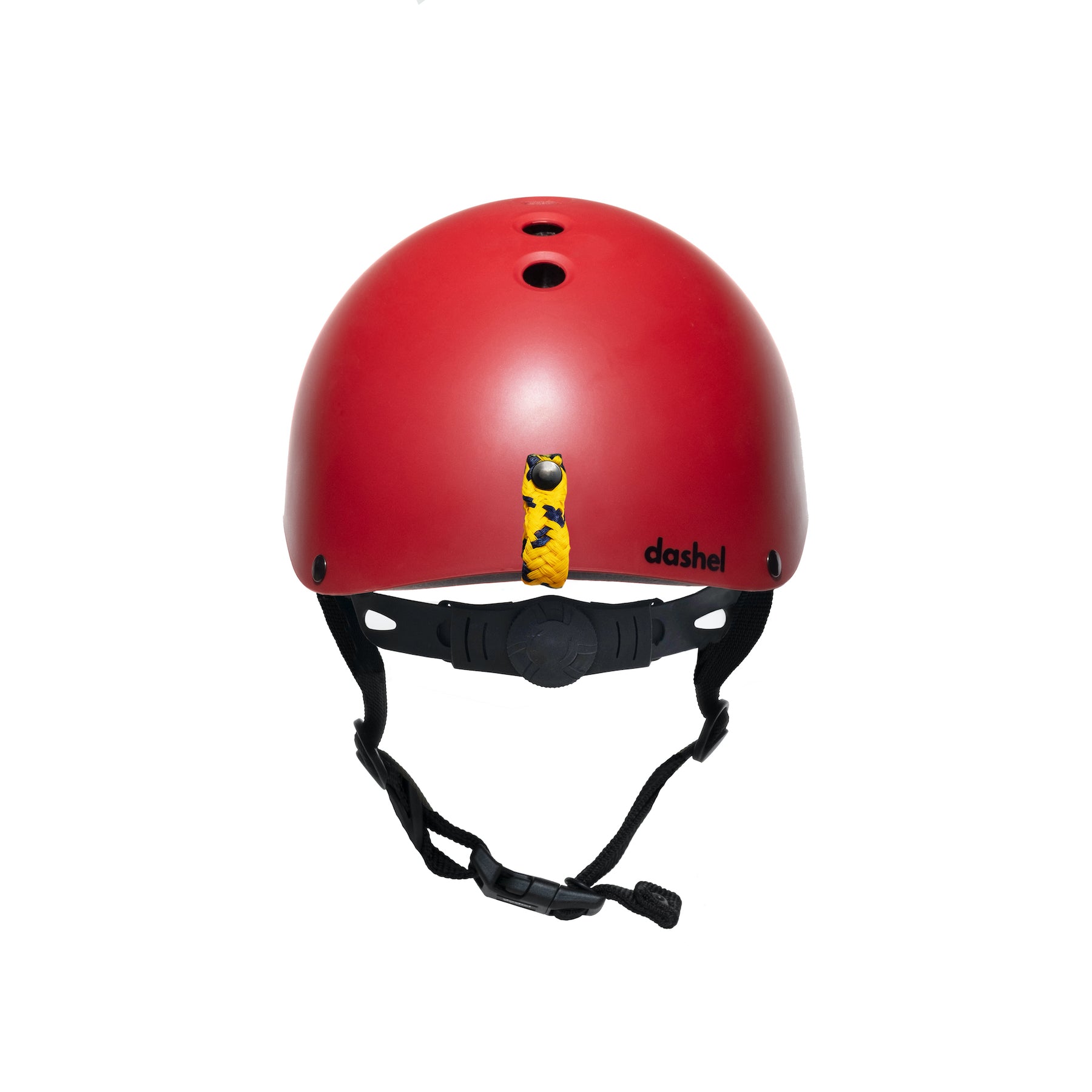 Rear view of the Dashel Kids Ocean Helmet in Red showing the integrated dial fit adjustment system, recycled ghost net carrying loop, top ventilation, and lightweight recyclable shell for children.