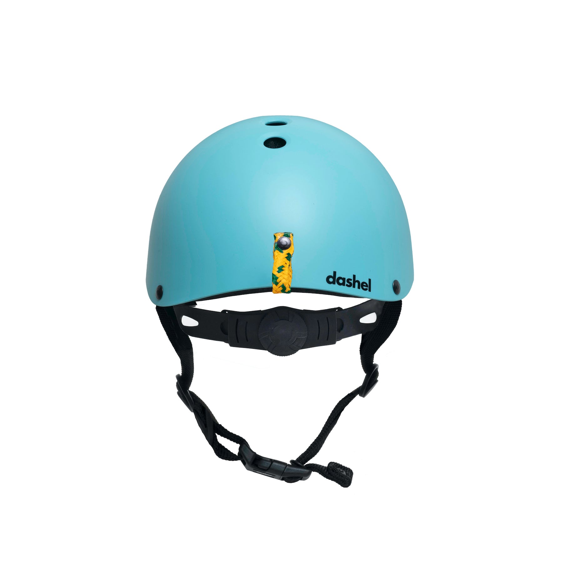 Rear view of Dashel Kids Ocean Turquoise bike helmet with recycled ghost net loop and dial fit system