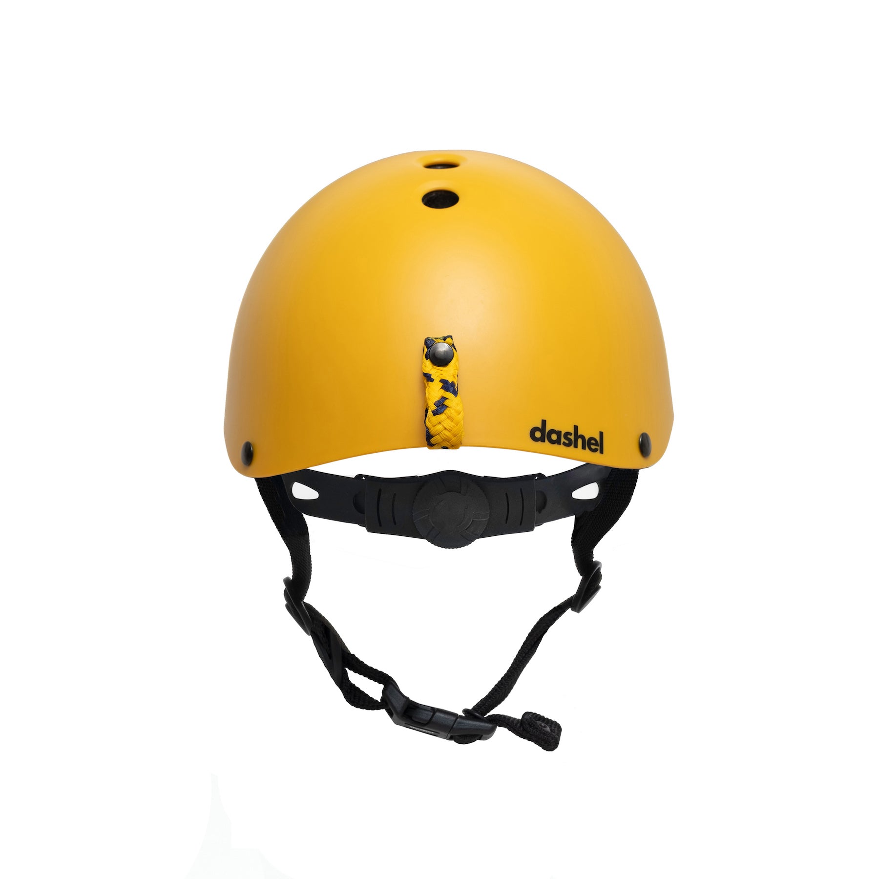 Rear view of Dashel Kids Ocean Yellow bike helmet with recycled ghost net loop and dial fit system