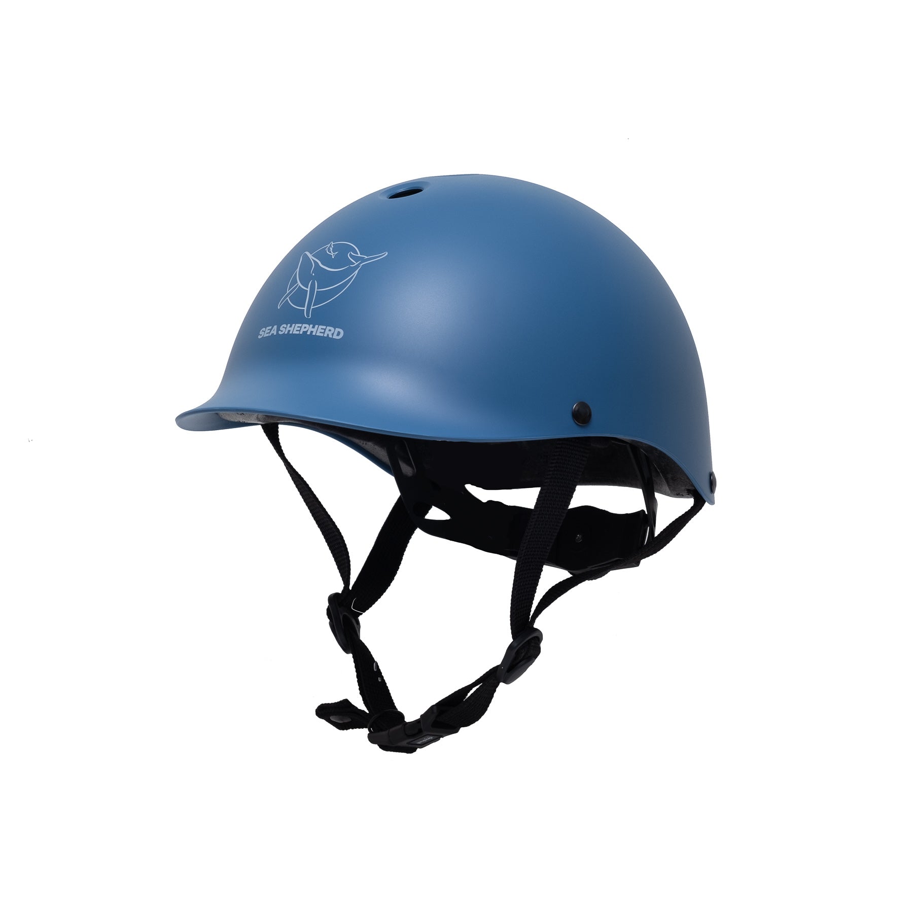 Left side view of Dashel Kids Sea Shepherd Blue Whale bike helmet with Sea Shepherd logo and adjustable chin strap