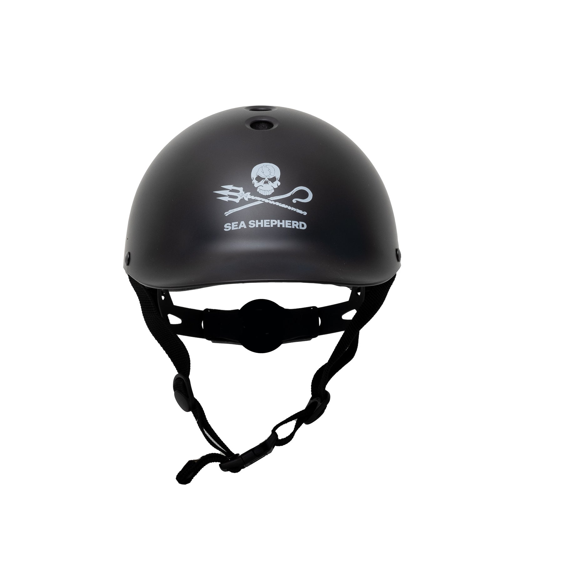 Front view of Dashel Kids Sea Shepherd Jolly Roger Black bike helmet with Jolly Roger logo and top ventilation