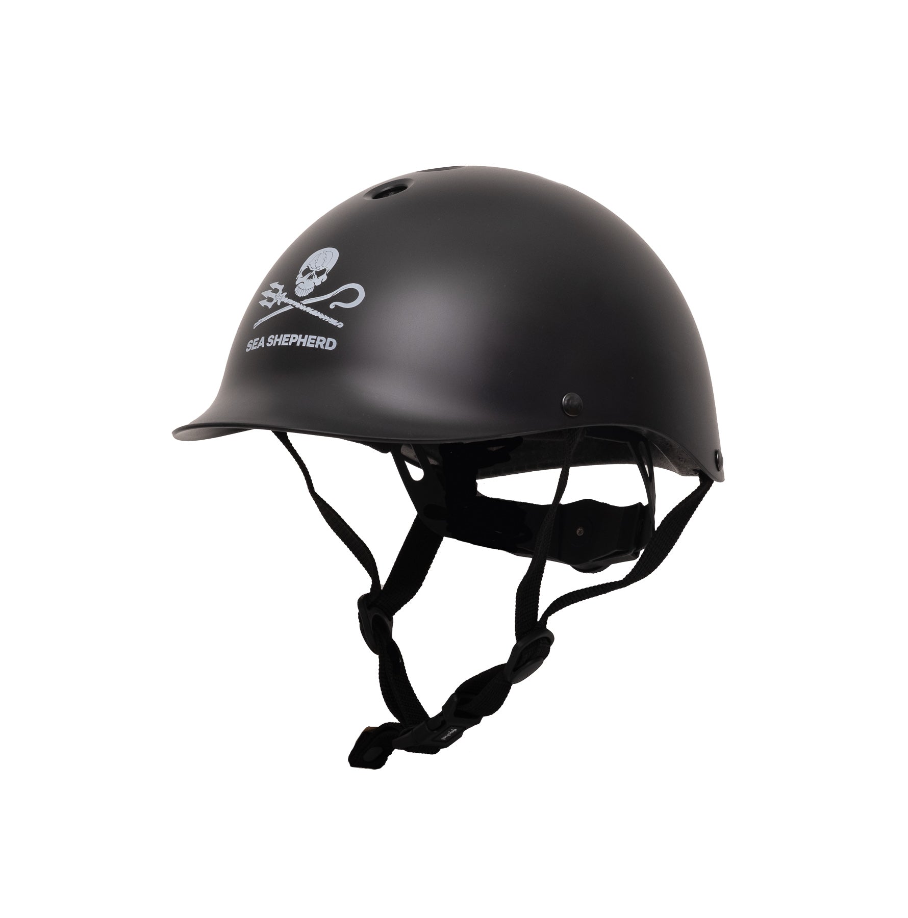 Left side view of Dashel Kids Sea Shepherd Jolly Roger Black bike helmet with Jolly Roger logo and adjustable chin strap