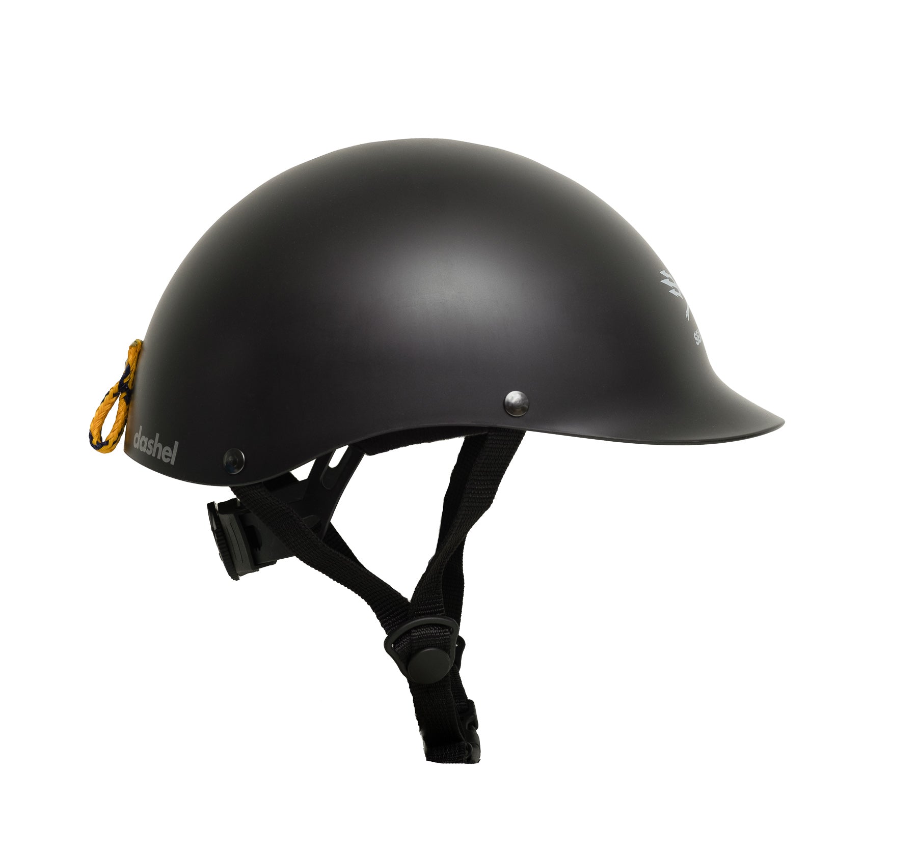 Right side view of Dashel Kids Sea Shepherd Jolly Roger Black bike helmet with recyclable shell and ghost net loop