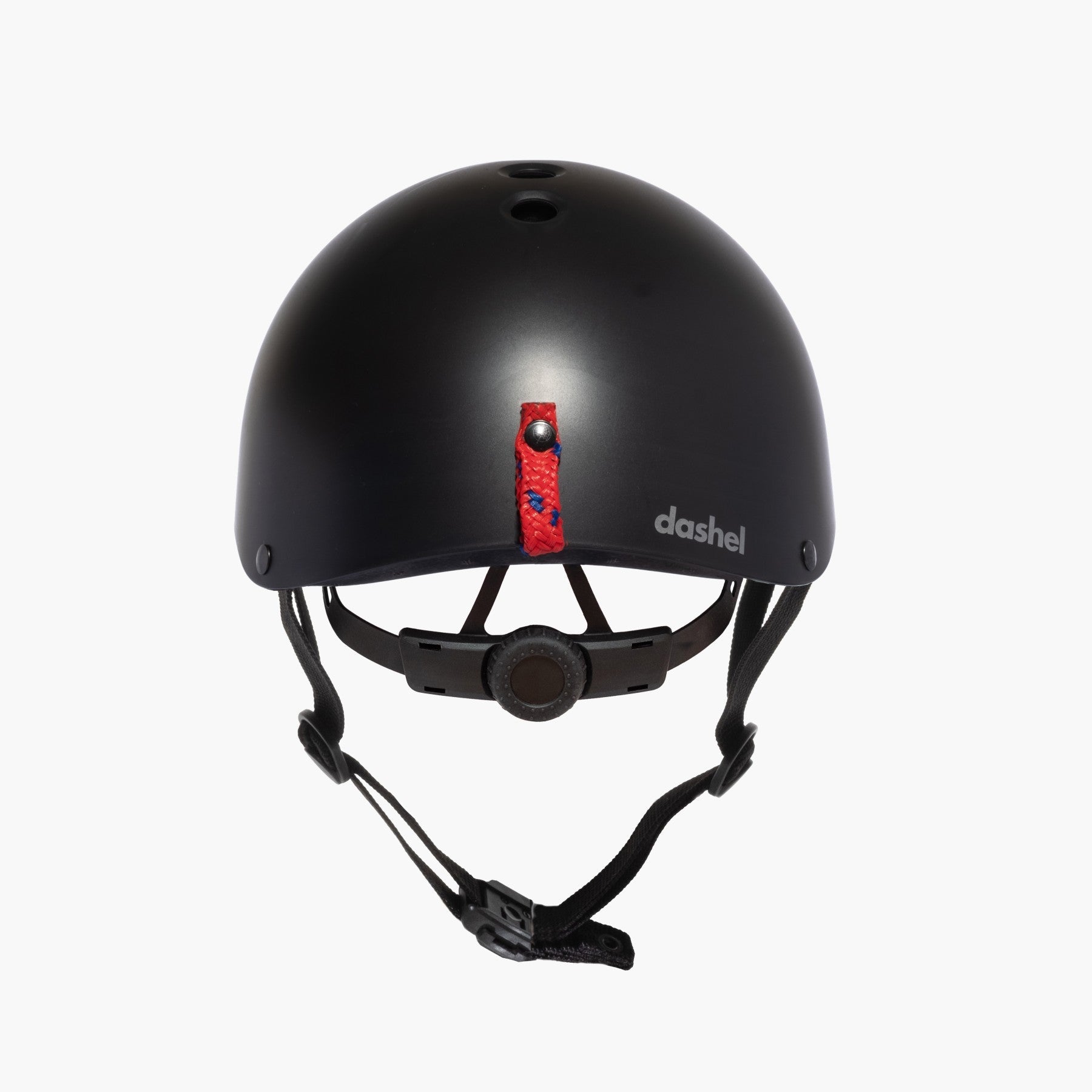 Rear view of Dashel Ocean Edition Ocean Black bike helmet with red ghost net carrying loop and rear ventilation