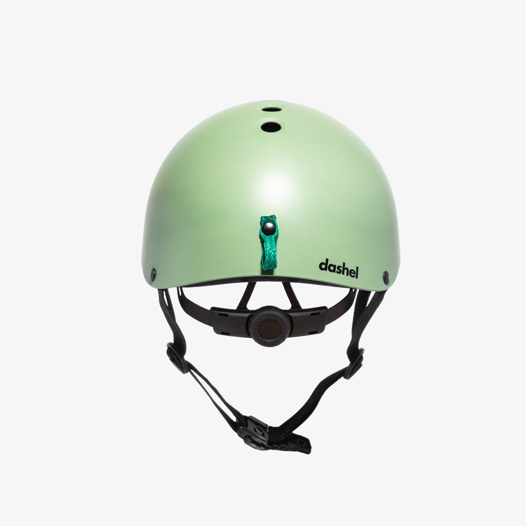 Rear view of Dashel Ocean Edition Ocean Green bike helmet with green ghost net carrying loop and wave-effect finish