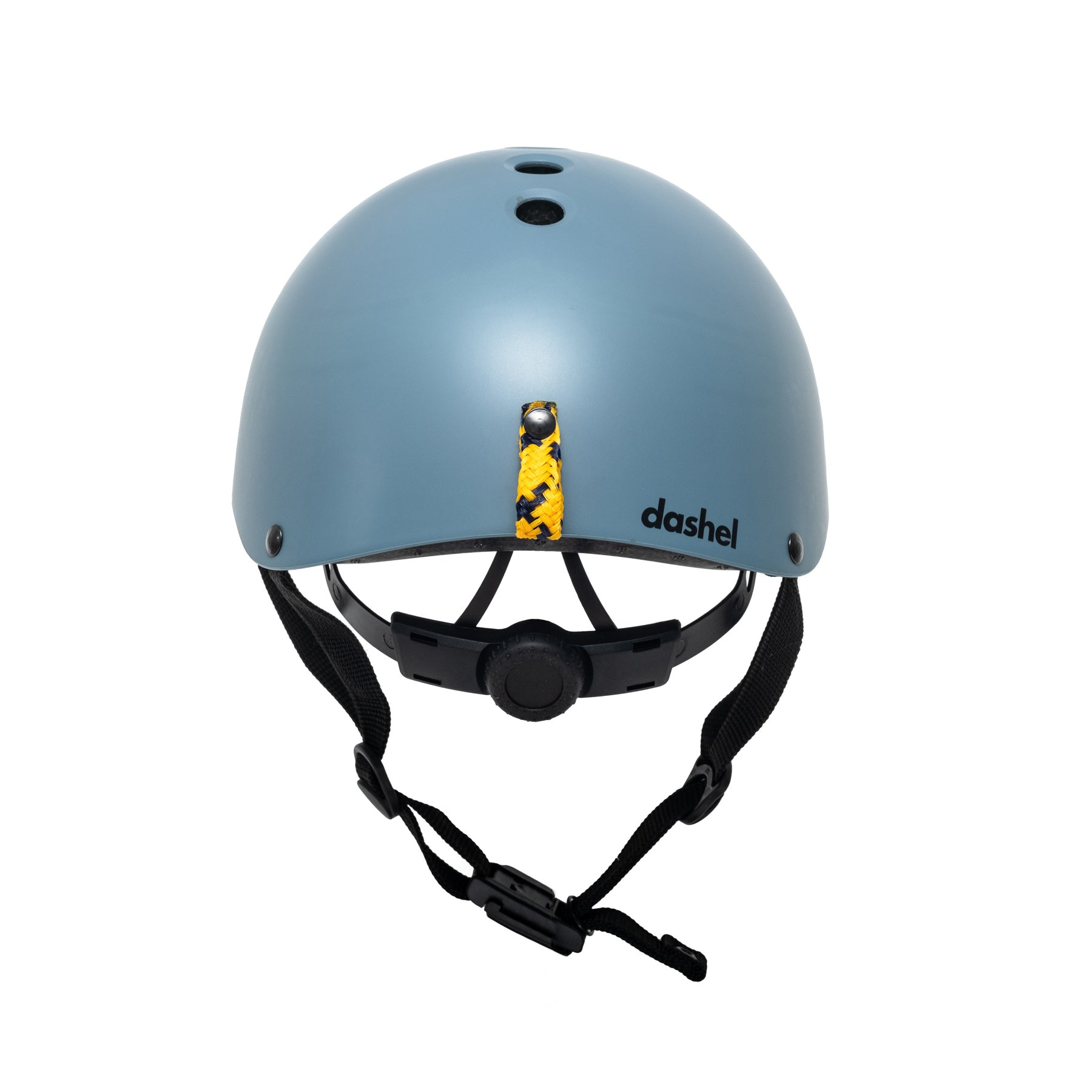 Rear view of Dashel Ocean Edition Sea Blue bike helmet with yellow ghost net carrying loop and top ventilation