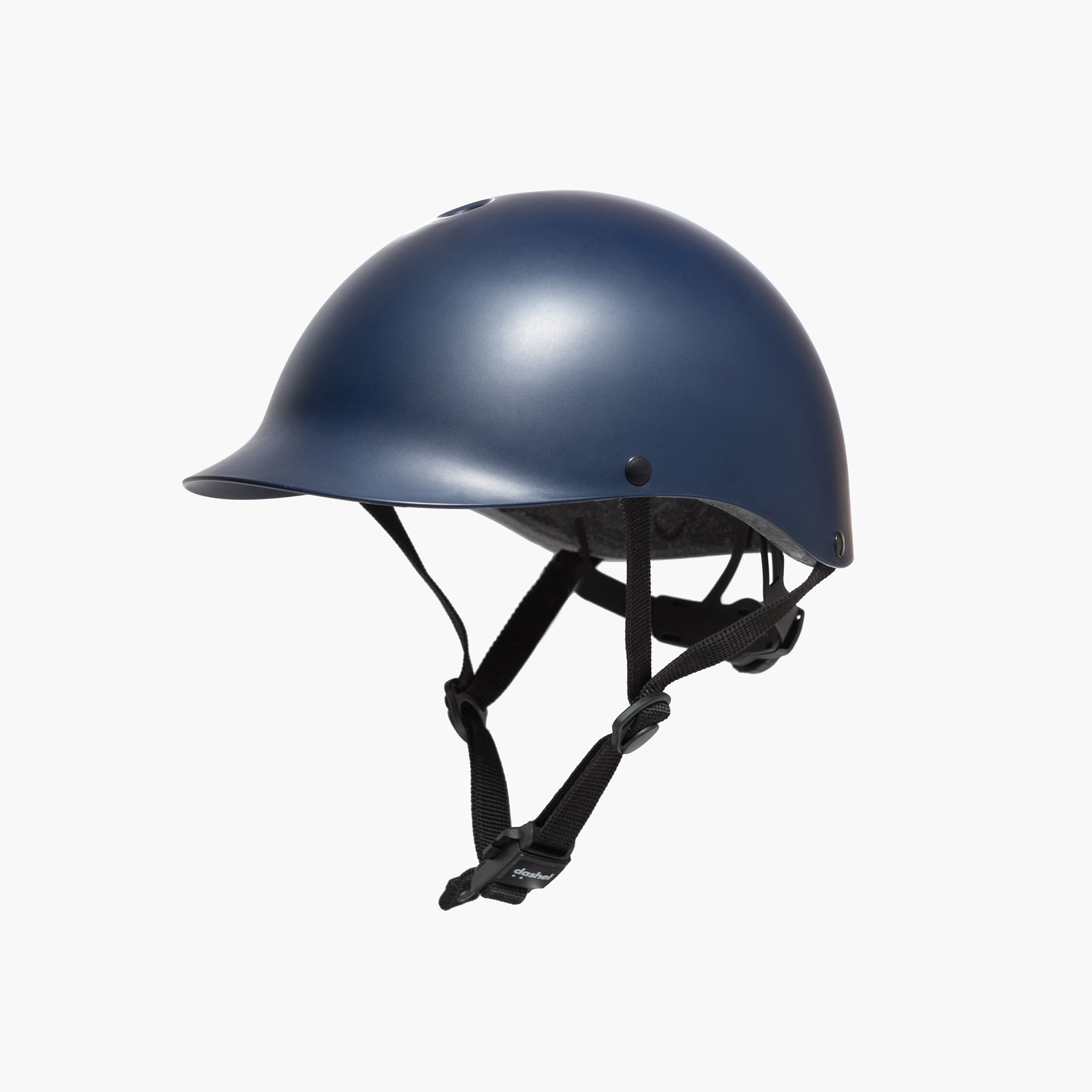 Left side view of Dashel ReCycle Navy Blue bike helmet with lightweight recyclable shell and adjustable chin strap