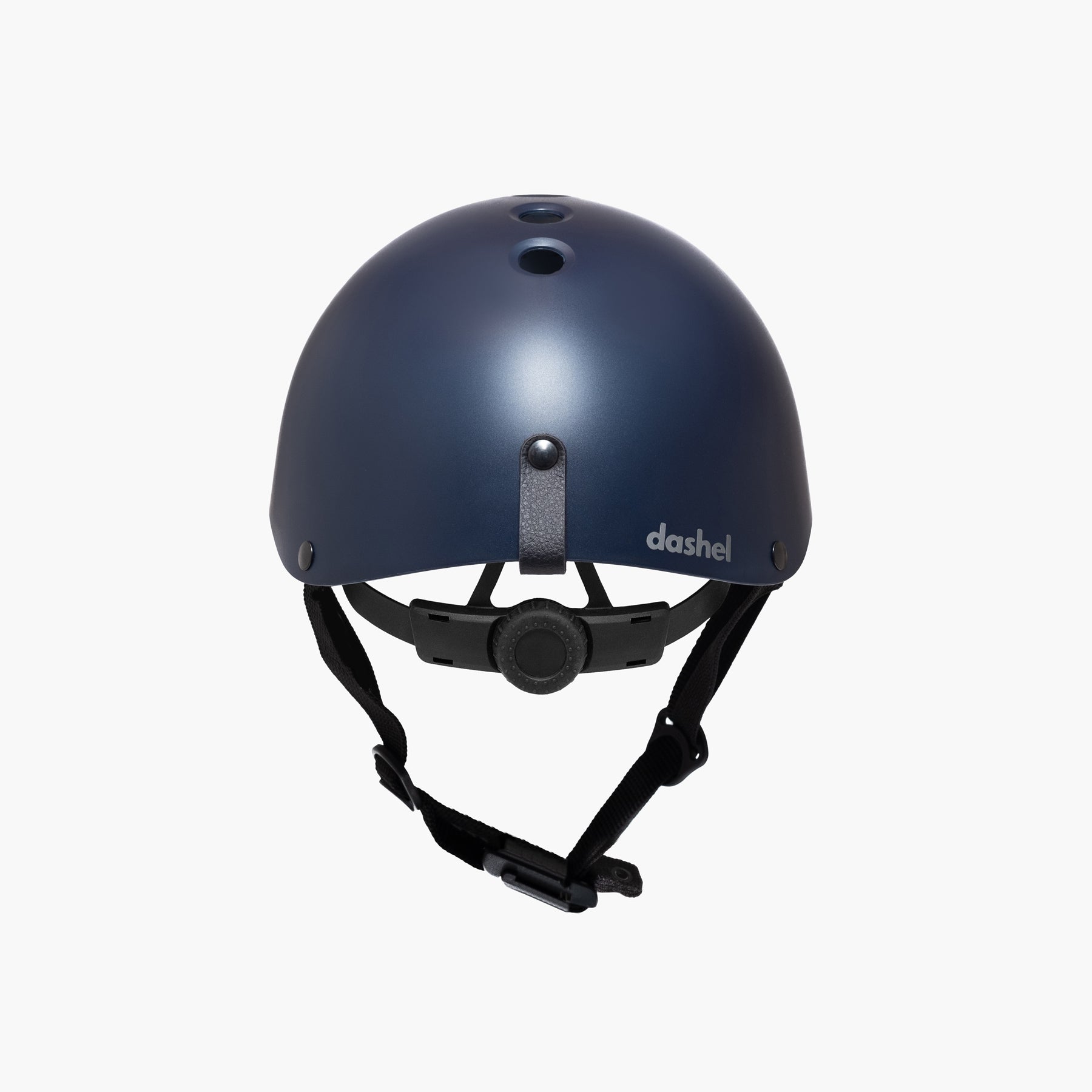 Rear view of Dashel ReCycle Navy Blue bike helmet with vegan leather loop and top ventilation