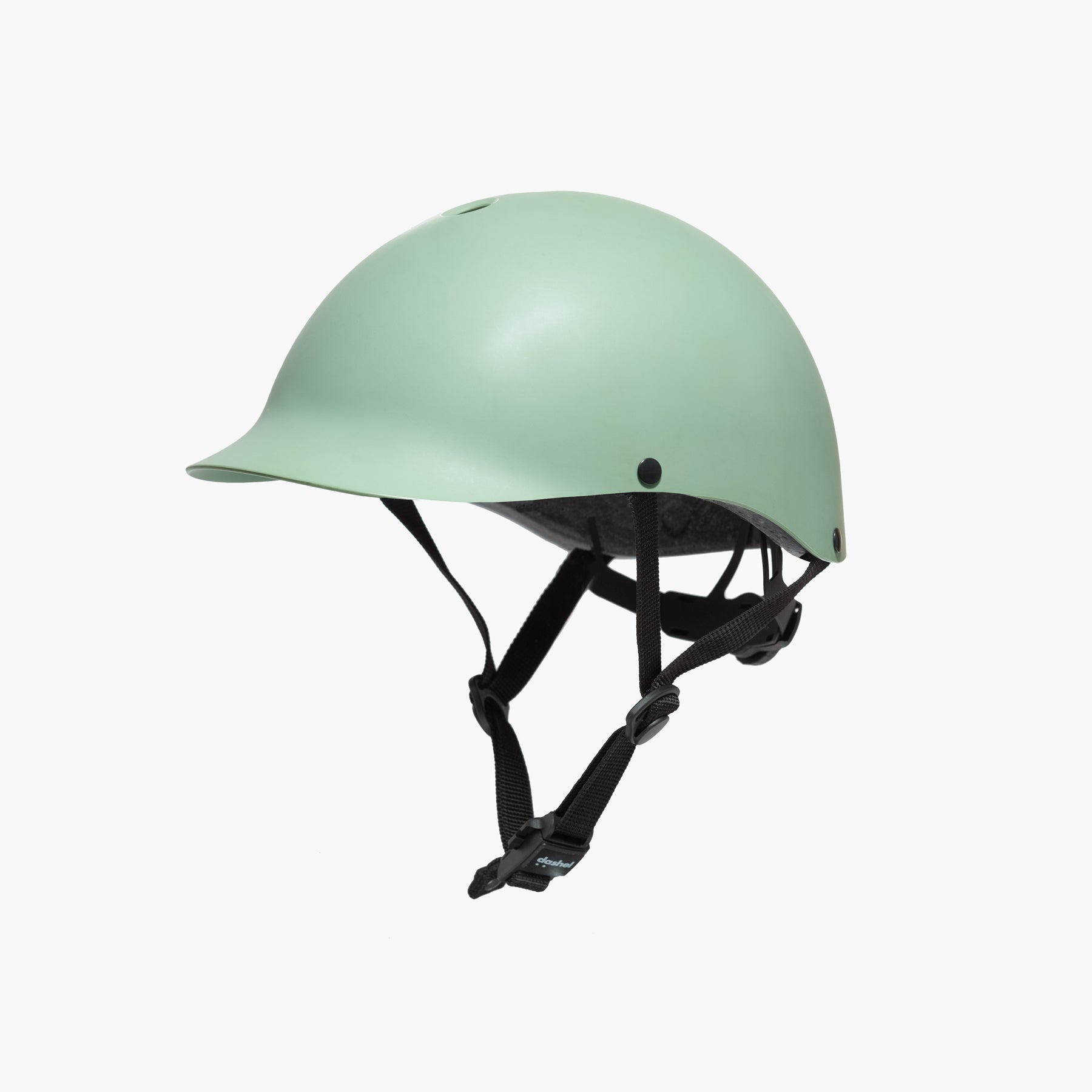 Left side view of Dashel ReCycle Sage Green bike helmet with lightweight recyclable shell and Fidlock buckle