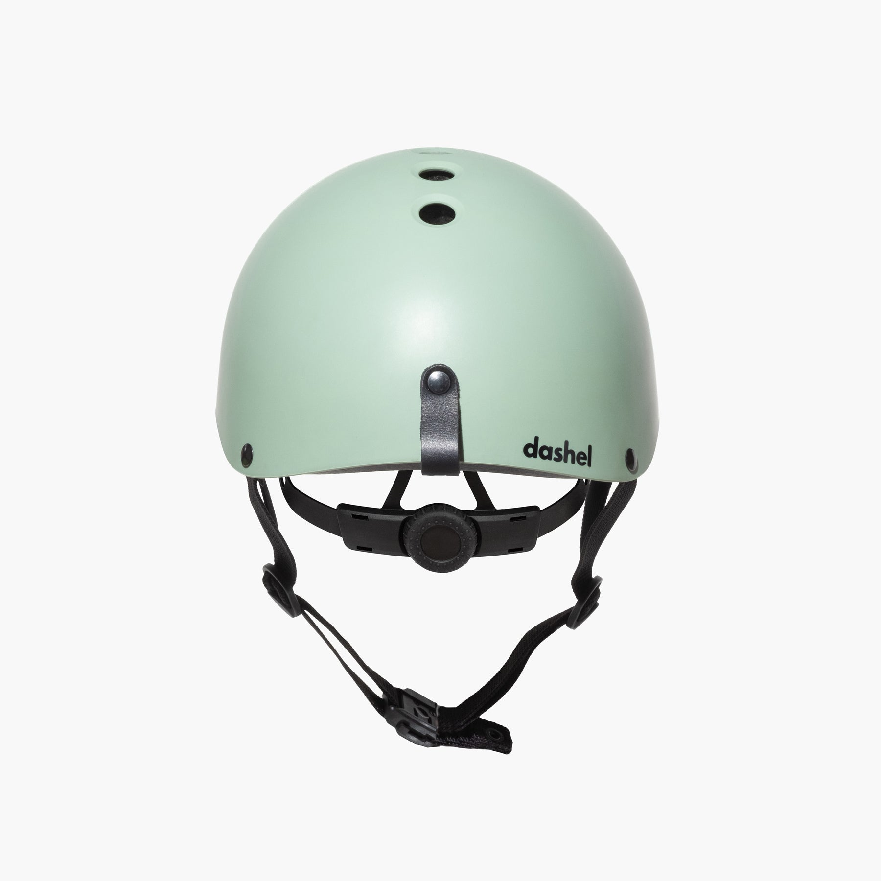 Rear view of Dashel ReCycle Sage Green bike helmet with vegan leather loop and top ventilation