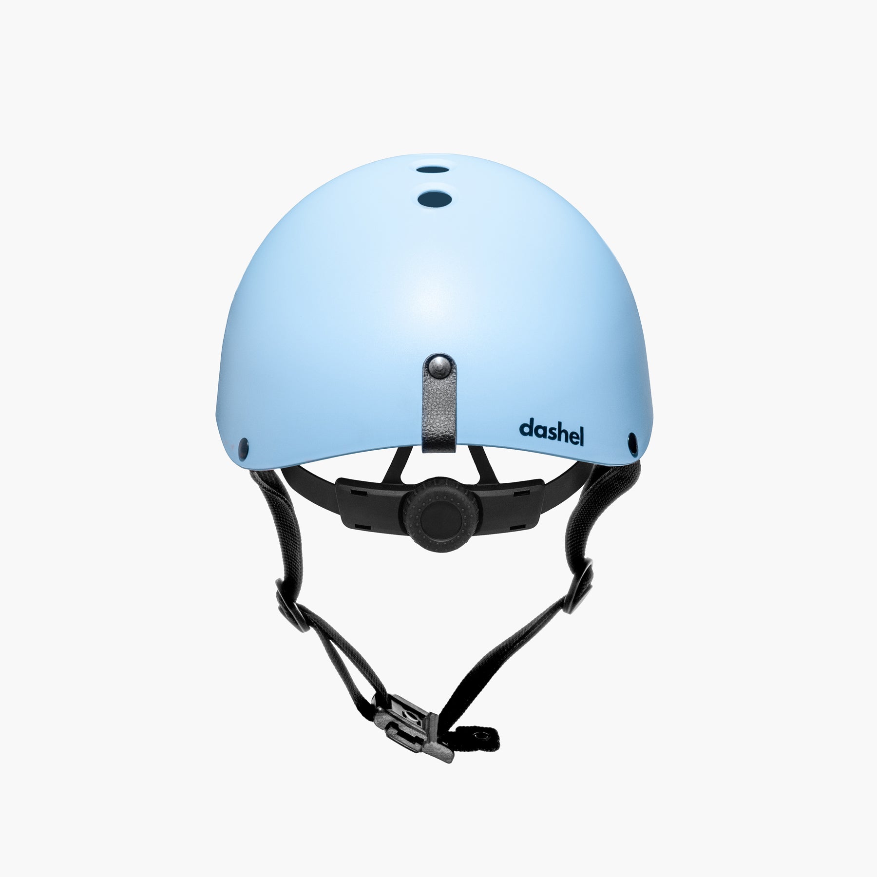 Rear view of Dashel ReCycle Sky Blue bike helmet with vegan leather loop and top ventilation