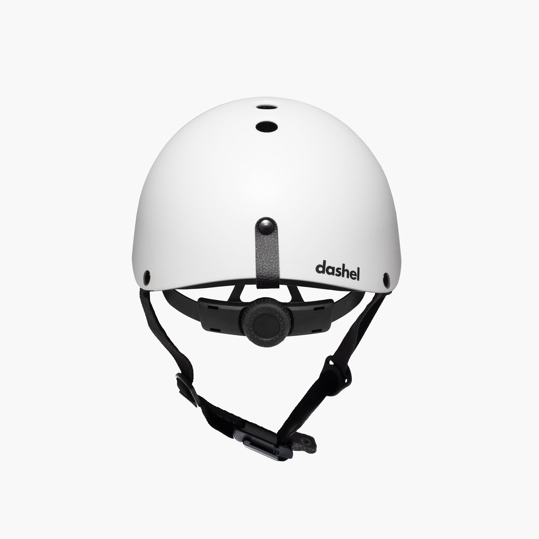 Rear view of Dashel ReCycle White bike helmet with vegan leather loop and top ventilation
