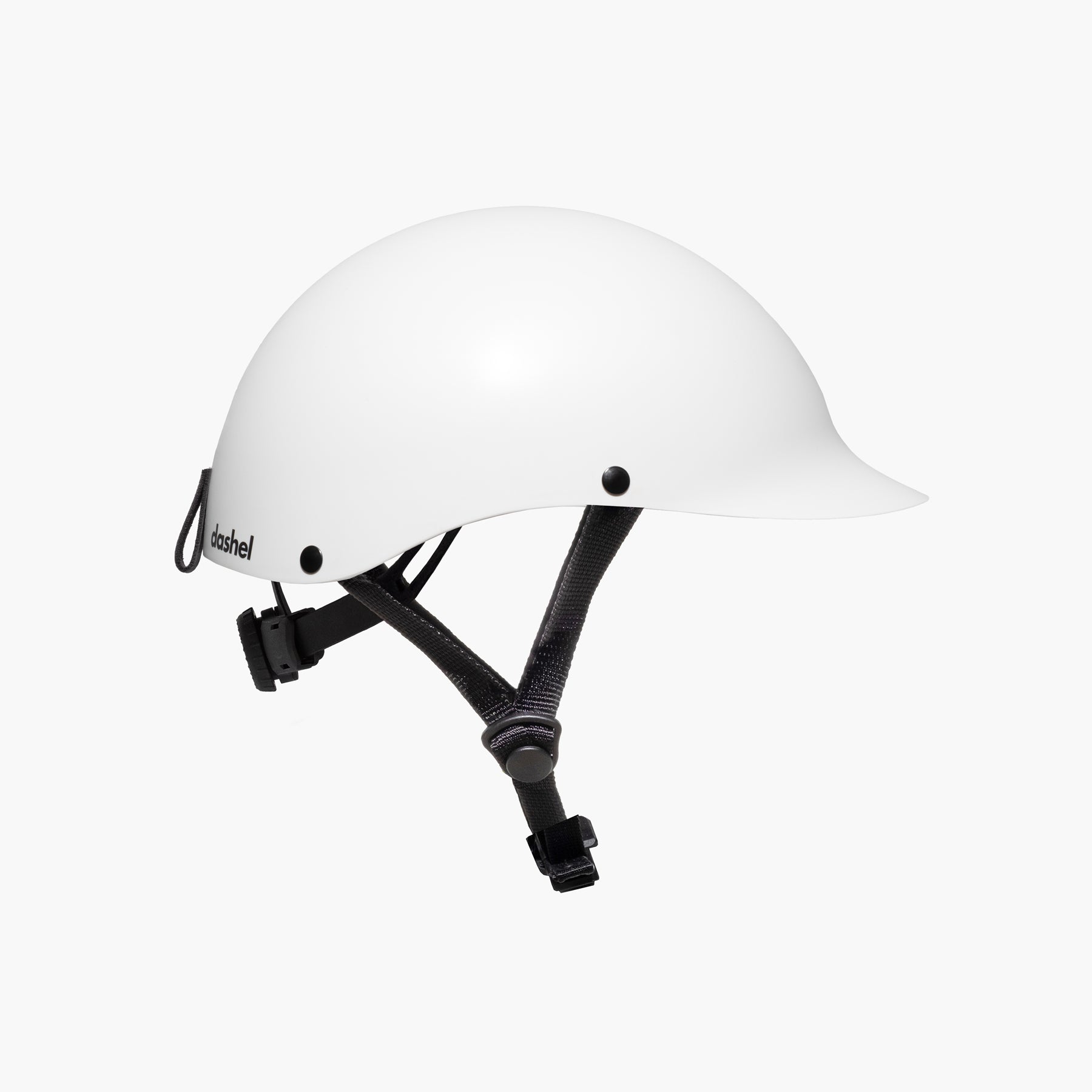 Right side view of Dashel ReCycle White bike helmet with recyclable shell and vegan leather loop