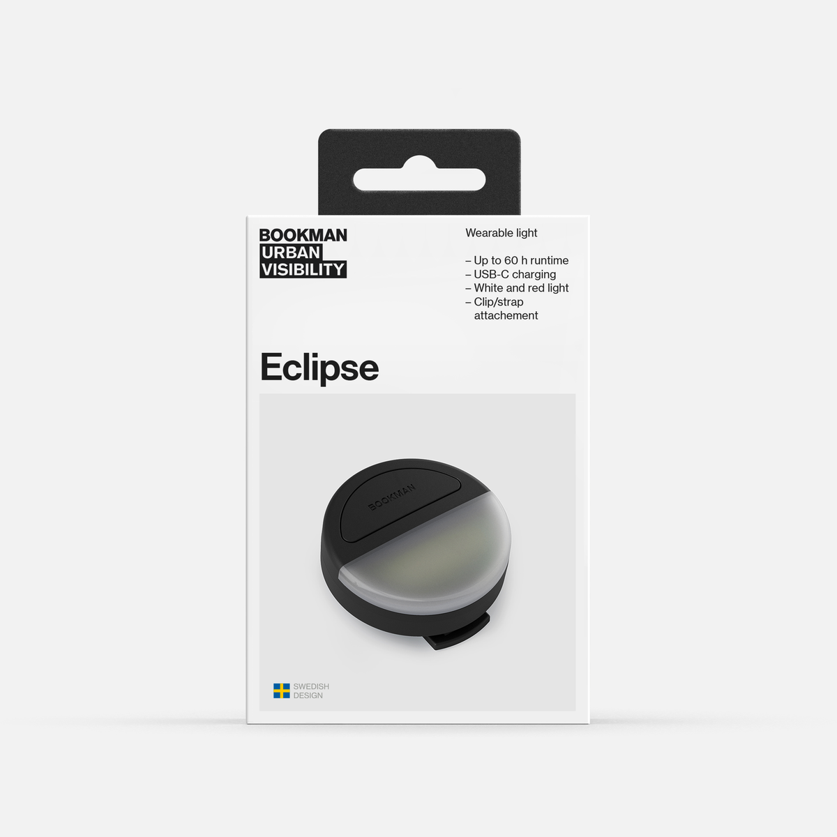 Bookman Eclipse rechargeable safety light in black, shown in its packaging